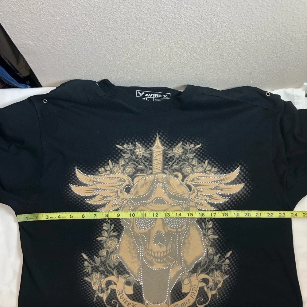 Avirex Cotton Black Tan Studded Skull Winged Shoulder Rivet Oversized T-shirt XL - Picture 8 of 10